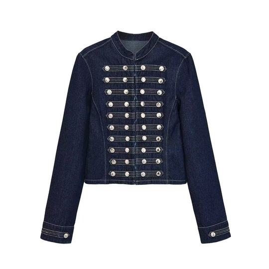 Damen Jeansjacke im Militärstil mit Stehkragen und dekorativen Zierknopfleisten Nord Taschen