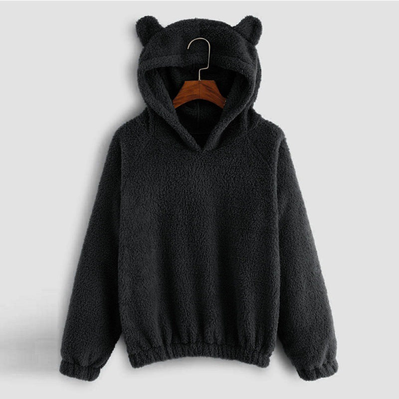 Damen Kuscheliger Teddy-Kapuzenpullover mit Bärenohren und Gummizugsaum Nord Taschen