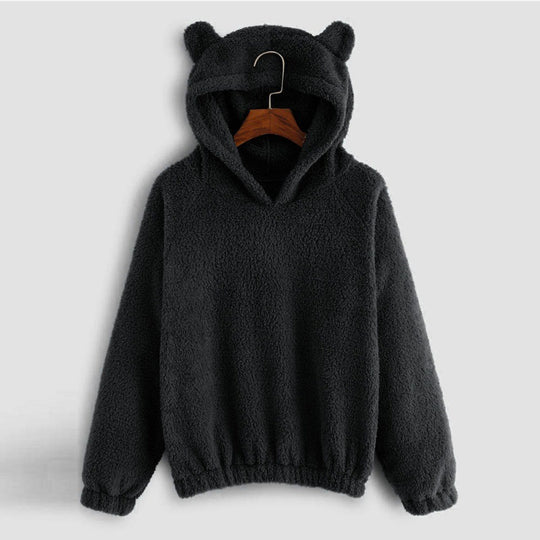 Damen Kuscheliger Teddy-Kapuzenpullover mit Bärenohren und Gummizugsaum Nord Taschen