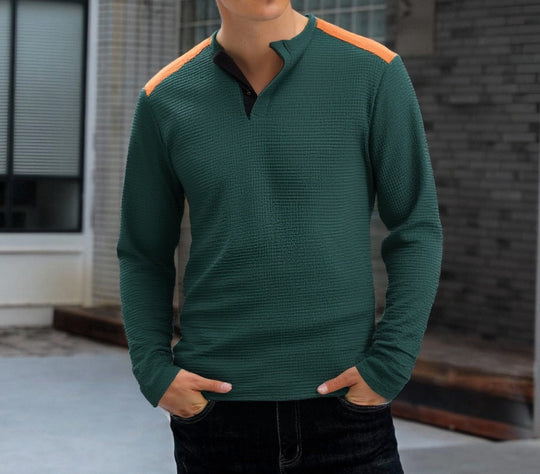 Herren strukturiertes Henley-Langarmshirt mit Stehkragen, Schulterpaspel und Waffelstruktur Nord Taschen
