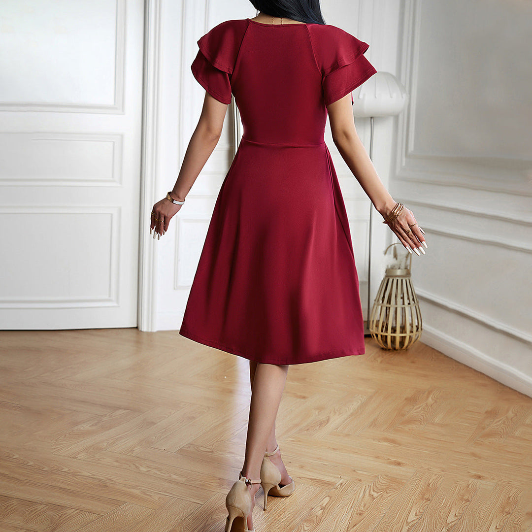 V-Ausschnitt Einfarbig Kurzarmkleid Für Frauen