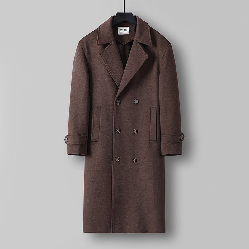 Herren Langer Doppelreihiger Wollmantel mit minimalistischer Silhouette und Schalkragen Nord Taschen