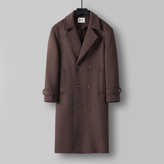 Herren Langer Doppelreihiger Wollmantel mit minimalistischer Silhouette und Schalkragen Nord Taschen