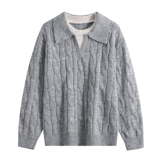 Damen Oversize Grobstrick-Pullover mit Polokragen und Zopfmuster Nord Taschen