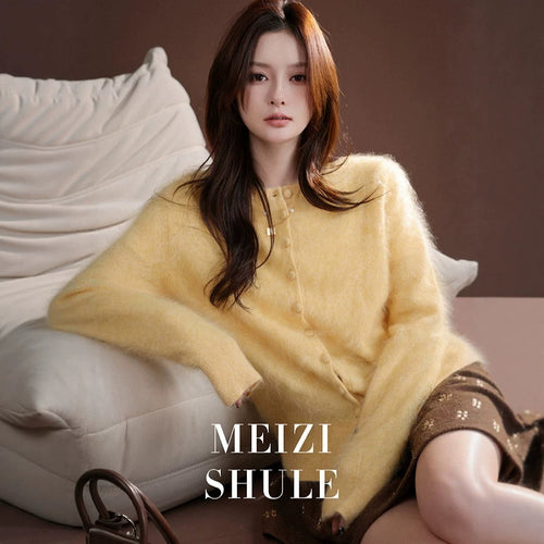 Damen Kuschelige Mohair-Strickjacke mit Rundhalsausschnitt und verdeckter Knopfleiste Nord Taschen