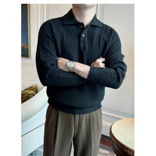 Herren Polokragen-Zopfstrick-Pullover mit halber Knopfleiste Nord Taschen
