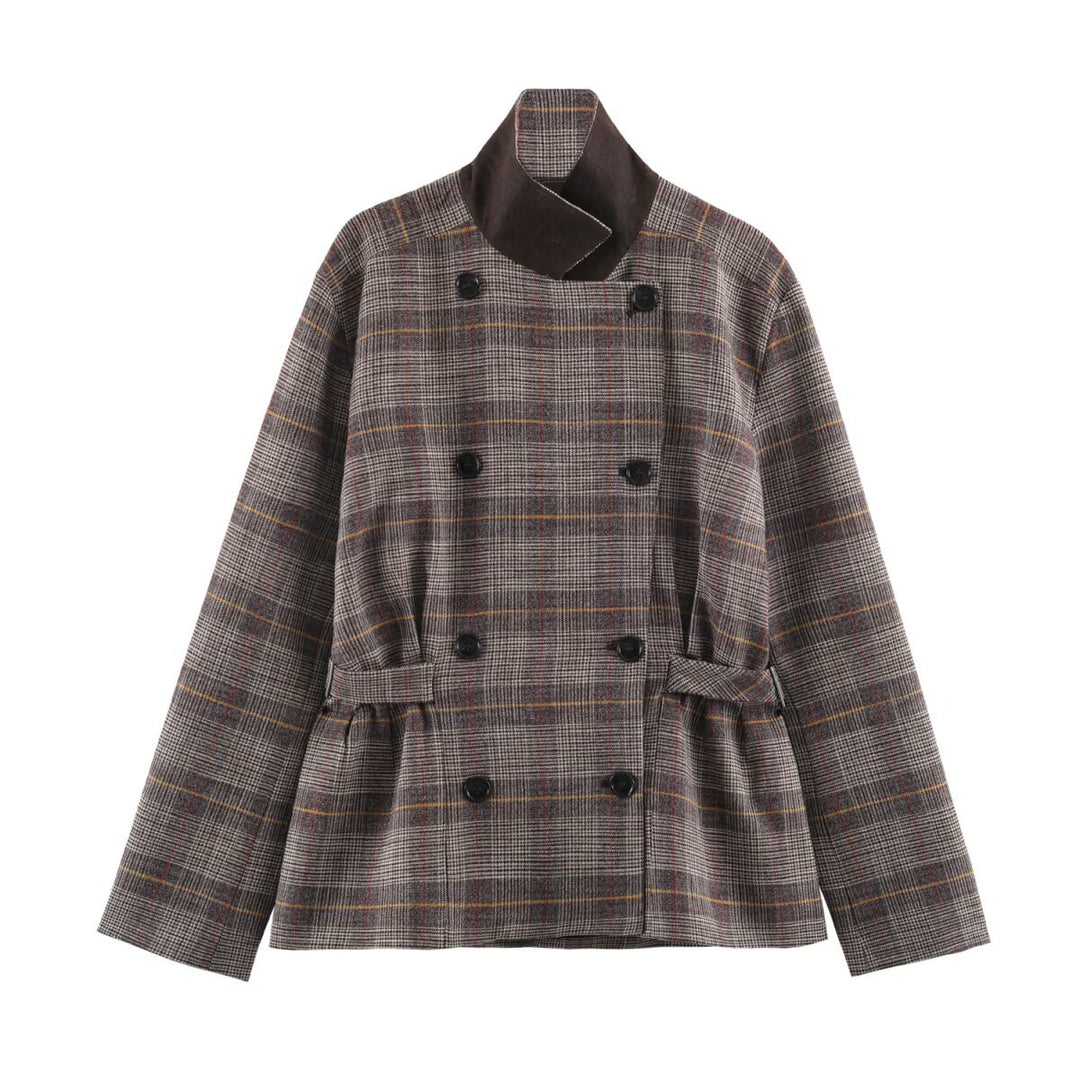 Damen Kurze Doppelreihige Taillierte Karo-Jacke mit Stehkragen und Taillenriegeln Nord Taschen