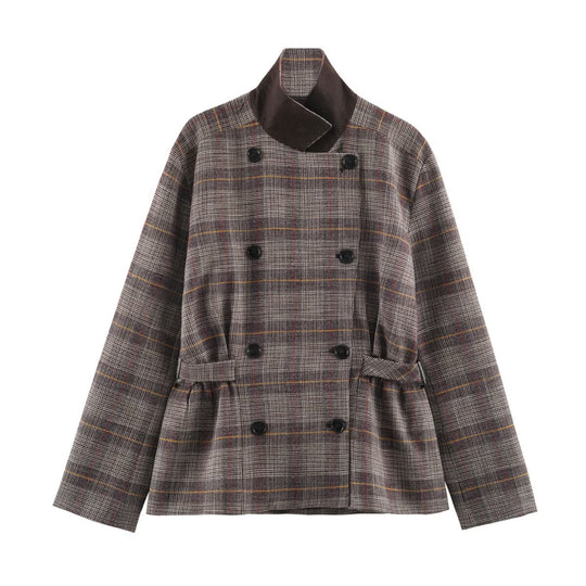 Damen Kurze Doppelreihige Taillierte Karo-Jacke mit Stehkragen und Taillenriegeln Nord Taschen