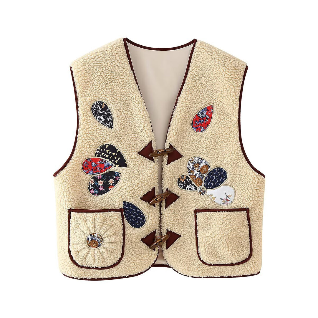 Damen Gefütterte Teddyweste mit Patchwork-Applikationen und Knebelverschlüssen Nord Taschen