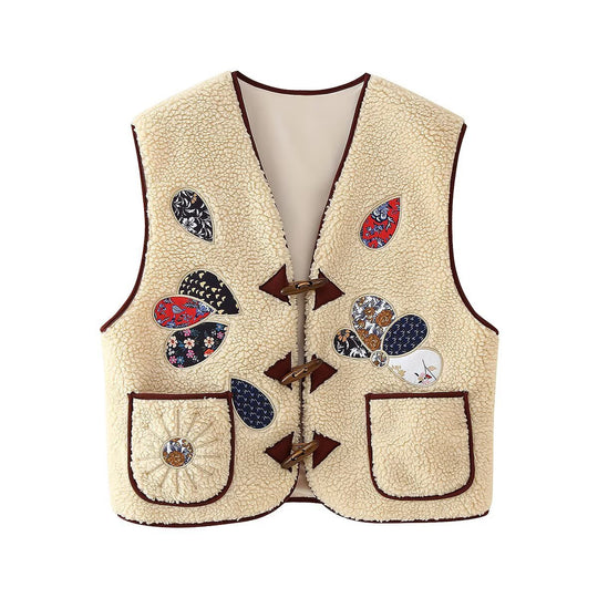 Damen Gefütterte Teddyweste mit Patchwork-Applikationen und Knebelverschlüssen Nord Taschen