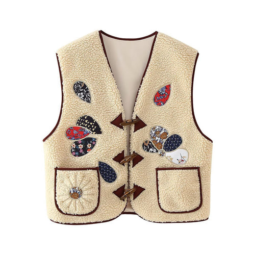 Damen Gefütterte Teddyweste mit Patchwork-Applikationen und Knebelverschlüssen Nord Taschen