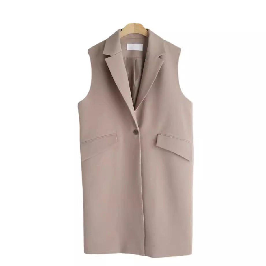 Damen Ärmellose Longweste im Tailoring mit Pattentaschen und einreihiger Knopfleiste Nord Taschen