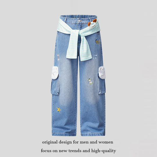 Damen Weiter Cargo-Jeans mit Plüschtaschen, Stickereien und elastischem Bund Nord Taschen