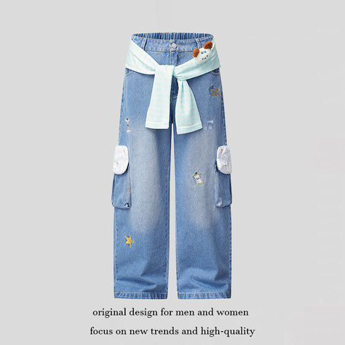 Damen Weiter Cargo-Jeans mit Plüschtaschen, Stickereien und elastischem Bund Nord Taschen