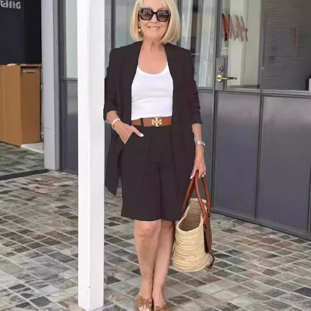 Damen Modisches Blazer-Shorts-Set mit doppelter Knopfleiste und eleganter Passform