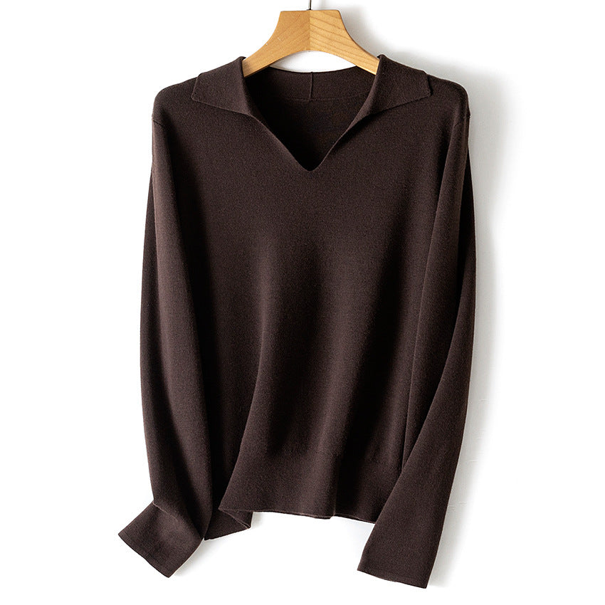Damen feiner leichter V-Ausschnitt-Pullover mit offenem Hemdkragen und legerer Silhouette Nord Taschen