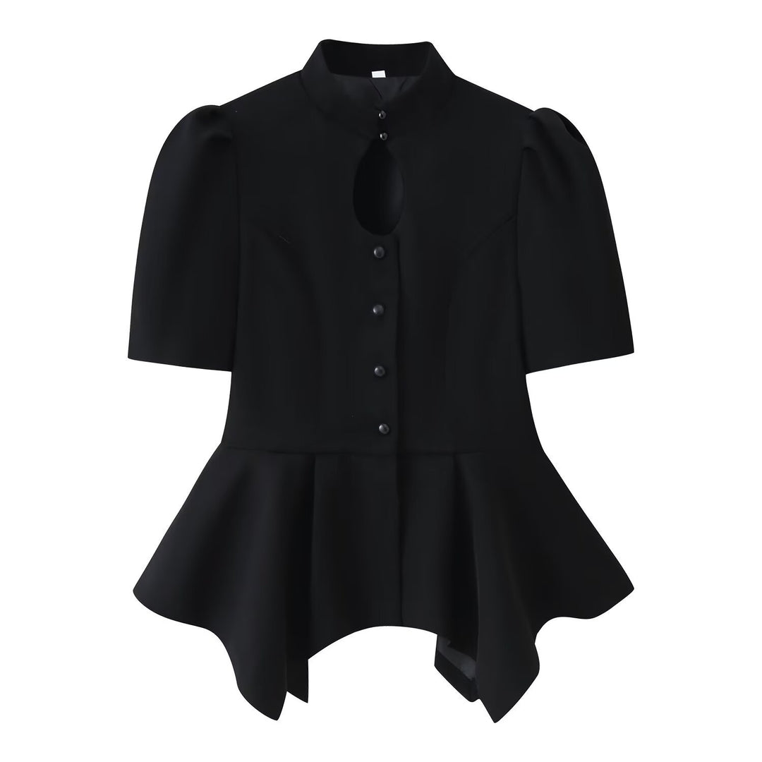 Damen Taillierte Bluse mit Stehkragen, Cut-Out-Ausschnitt und asymmetrischem Schößchen Nord Taschen