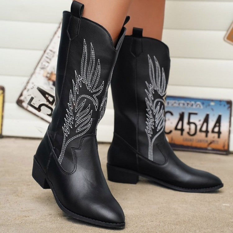 Damen nan Cowgirl-Kniehoher Stiefel mit dekorativer Stickerei, Pull‑Tabs und komfortablem Blockabsatz Nord Taschen