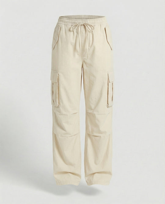 Damen weite Cargo-Hose im Retro-Utility-Stil mit hochgeschnittenem Bund Tunnelzug Mehrfachklappentaschen und verstellbaren Seitenschlaufen