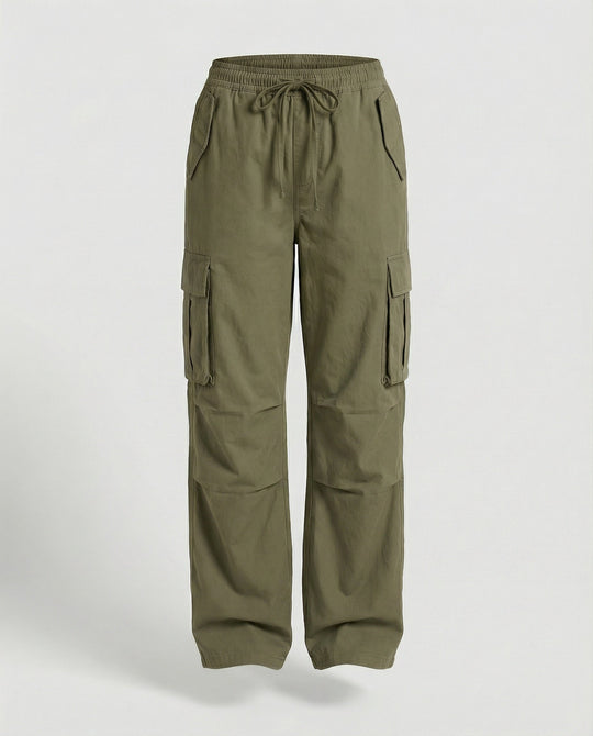 Damen weite Cargo-Hose im Retro-Utility-Stil mit hochgeschnittenem Bund Tunnelzug Mehrfachklappentaschen und verstellbaren Seitenschlaufen