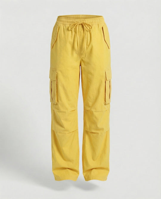 Damen weite Cargo-Hose im Retro-Utility-Stil mit hochgeschnittenem Bund Tunnelzug Mehrfachklappentaschen und verstellbaren Seitenschlaufen