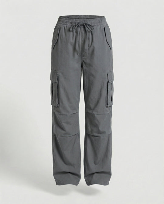 Damen weite Cargo-Hose im Retro-Utility-Stil mit hochgeschnittenem Bund Tunnelzug Mehrfachklappentaschen und verstellbaren Seitenschlaufen