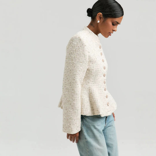 Damen Bouclé-Blazer mit Stehkragen und taillierter Schößchen-Silhouette Nord Taschen