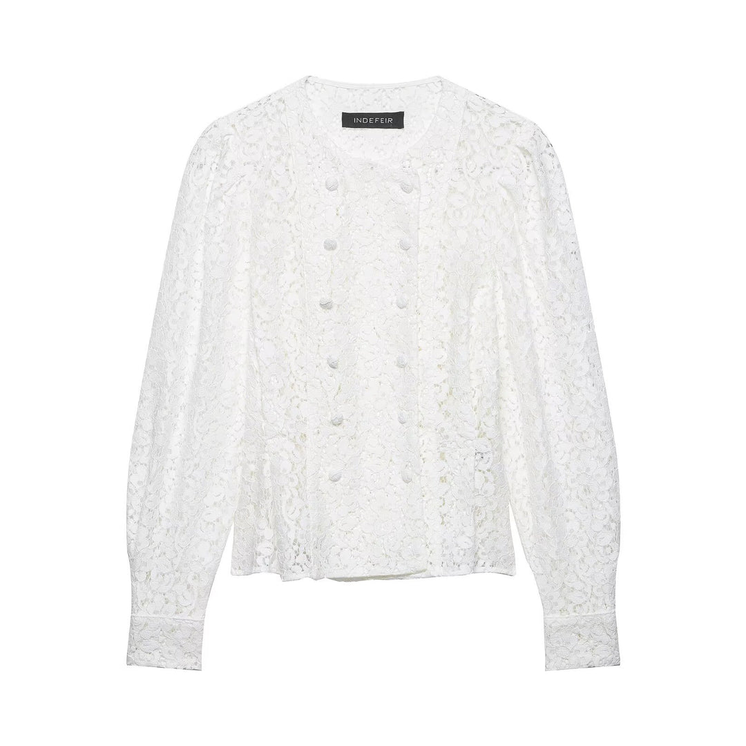 Damen Spitzenbluse im Jackenlook mit floralem Spitzenmuster und Zierknopfleiste Nord Taschen