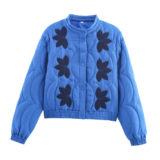 Damen Kurz geschnittene Steppjacke mit floralen Applikationen und elastischem Saum Nord Taschen