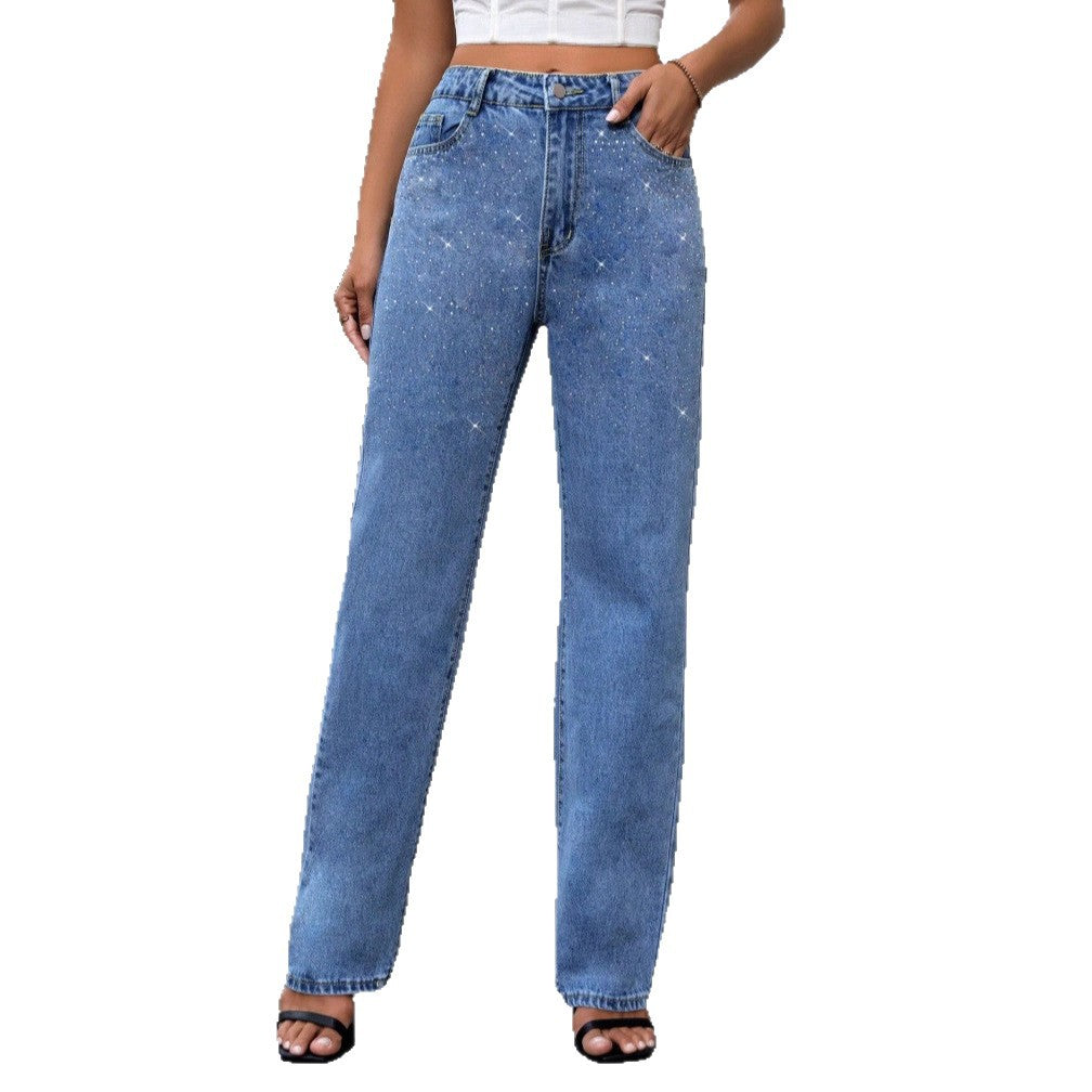Damen High-Waist Wide-Leg Denim-Jeans mit funkelndem Perlen-Scatter und geradem Bein Nord Taschen
