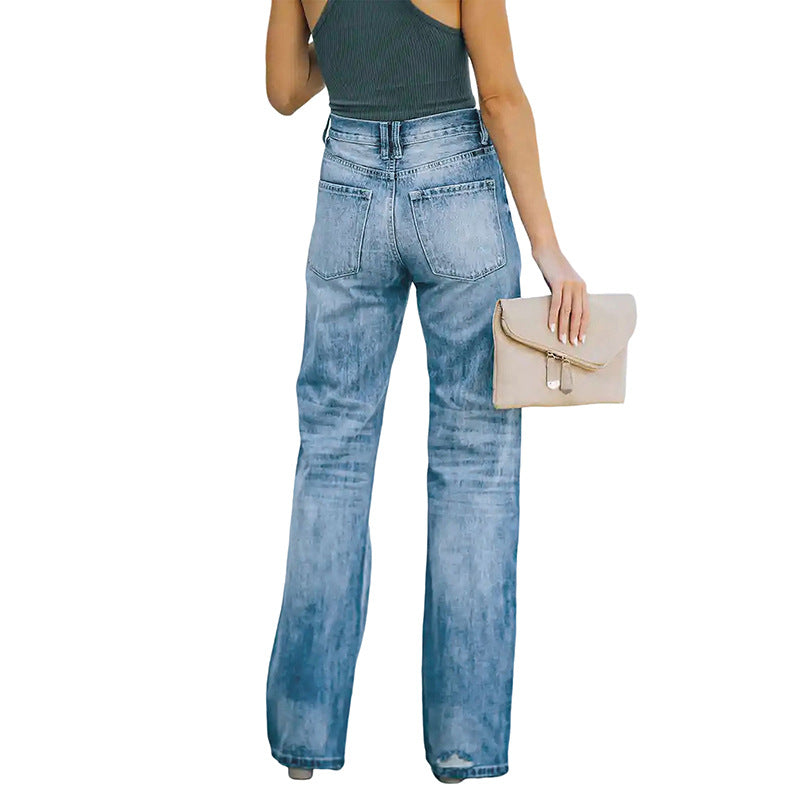 Damen Hochtaillierte weite Straight-Leg-Jeans mit Destroyed-Details Nord Taschen
