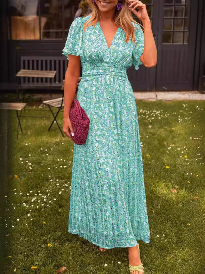 Damen Maxikleid mit floraler Raffung und V-Ausschnitt