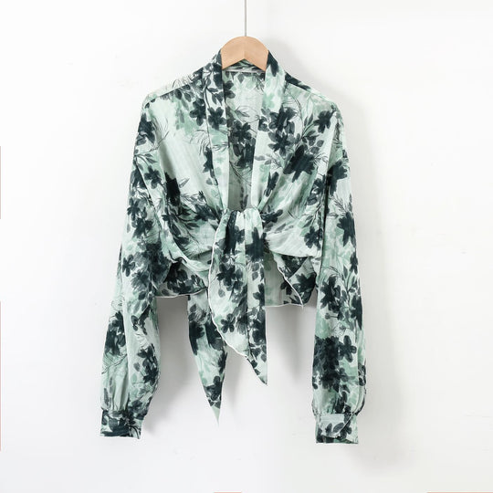 Damen nan florale Knoten-Bluse im Wickelstil mit Ballonärmeln und leichter Leinenoptik
