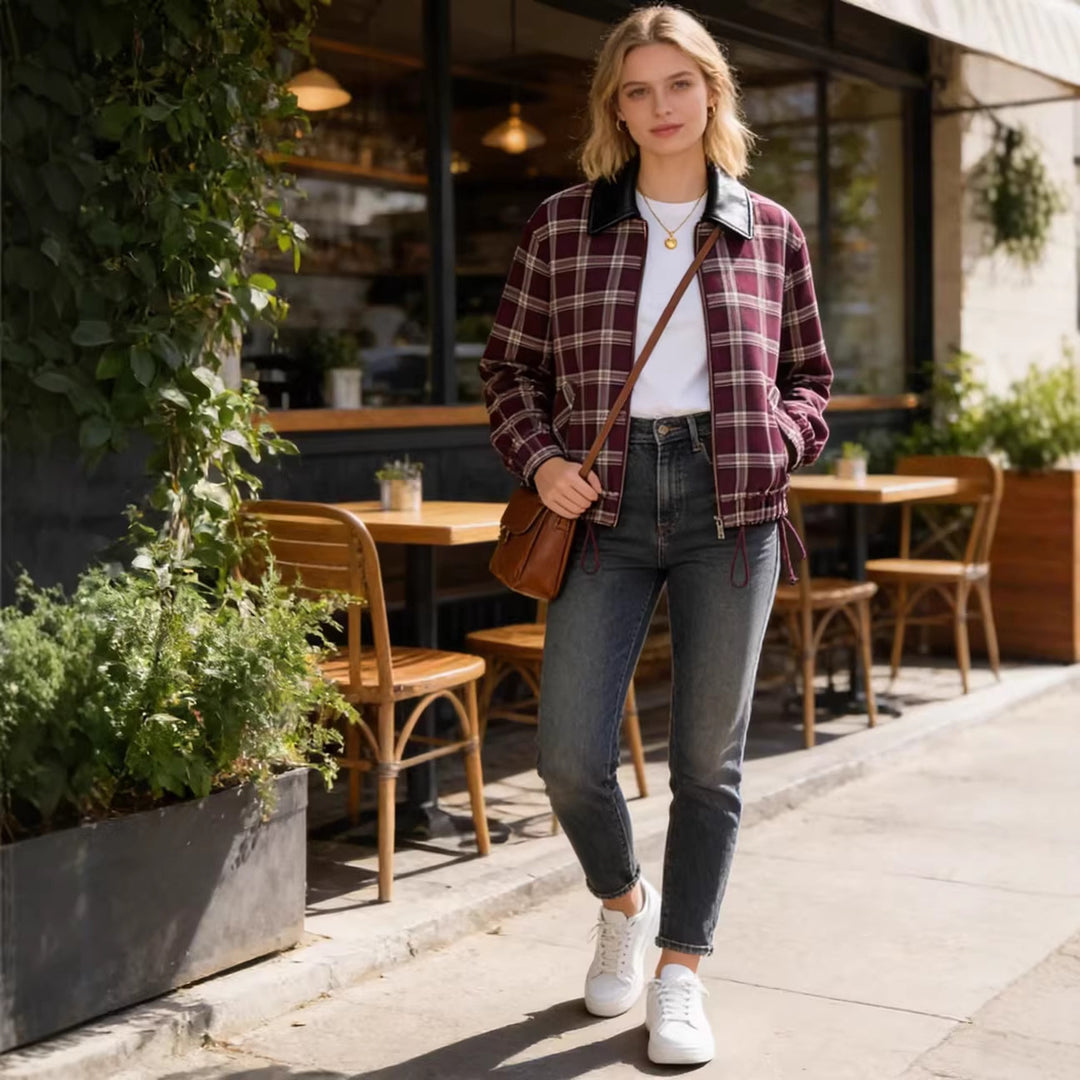 Damen Karierte Blousonjacke mit kontrastierendem Lederkragen und elastischem Saum Nord Taschen