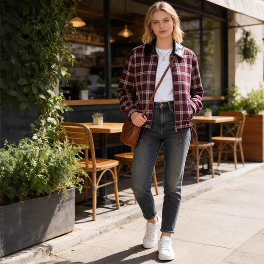 Damen Karierte Blousonjacke mit kontrastierendem Lederkragen und elastischem Saum Nord Taschen