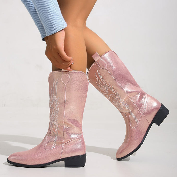 Damen nan Cowgirl-Kniehoher Stiefel mit dekorativer Stickerei, Pull‑Tabs und komfortablem Blockabsatz Nord Taschen