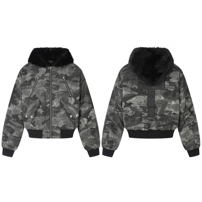 Damen Boxy-Bomberjacke mit weichem Kunstpelzkragen und floraler Camouflage-Struktur Nord Taschen