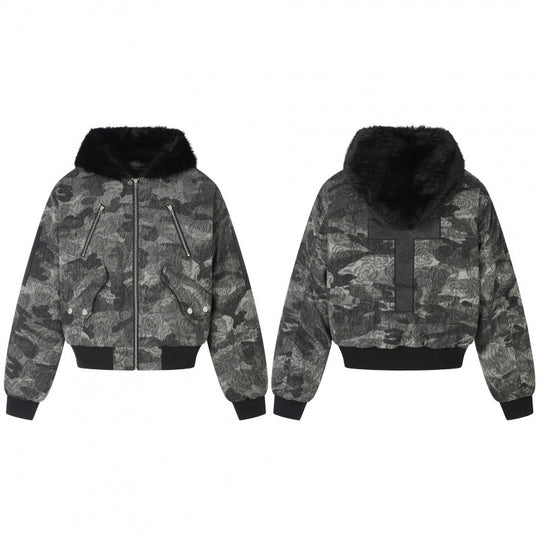 Damen Boxy-Bomberjacke mit weichem Kunstpelzkragen und floraler Camouflage-Struktur Nord Taschen