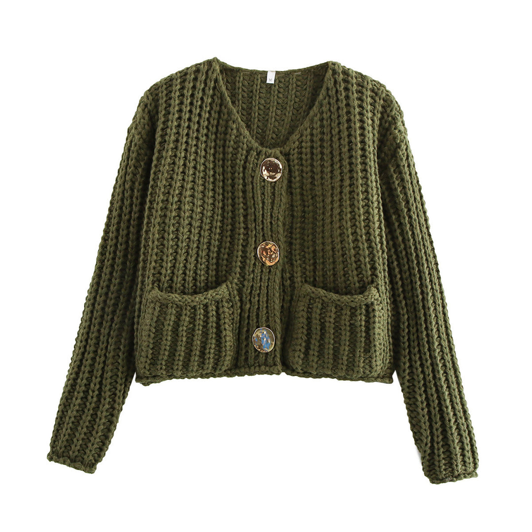 Damen Grobstrick-Cardigan mit V‑Ausschnitt, goldener Knopfleiste und aufgesetzten Taschen Nord Taschen