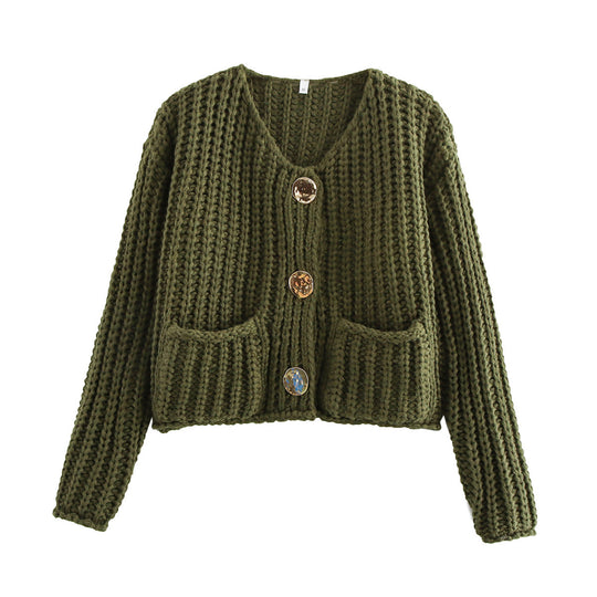 Damen Grobstrick-Cardigan mit V‑Ausschnitt, goldener Knopfleiste und aufgesetzten Taschen Nord Taschen
