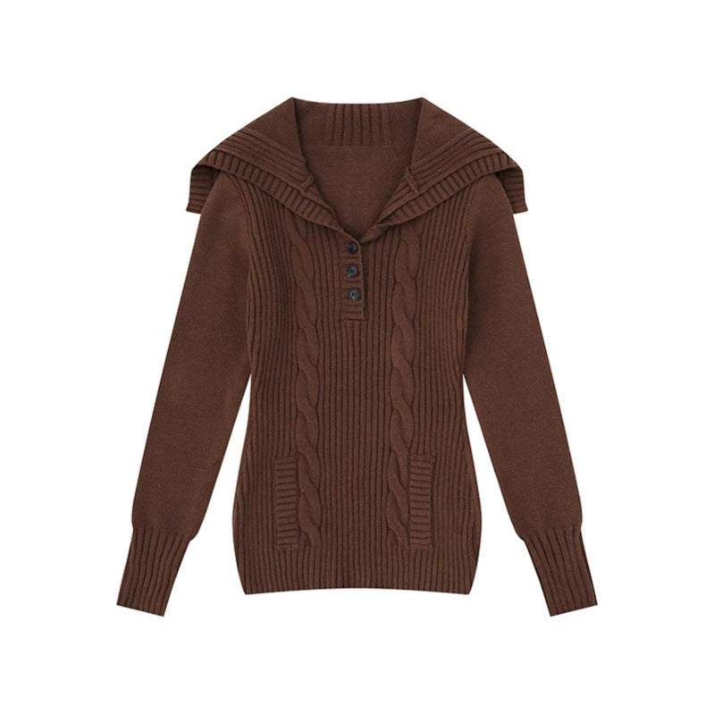 Damen Strickpullover mit Zopfmuster, Schalkragen und Knopfleiste Nord Taschen