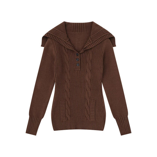 Damen Strickpullover mit Zopfmuster, Schalkragen und Knopfleiste Nord Taschen