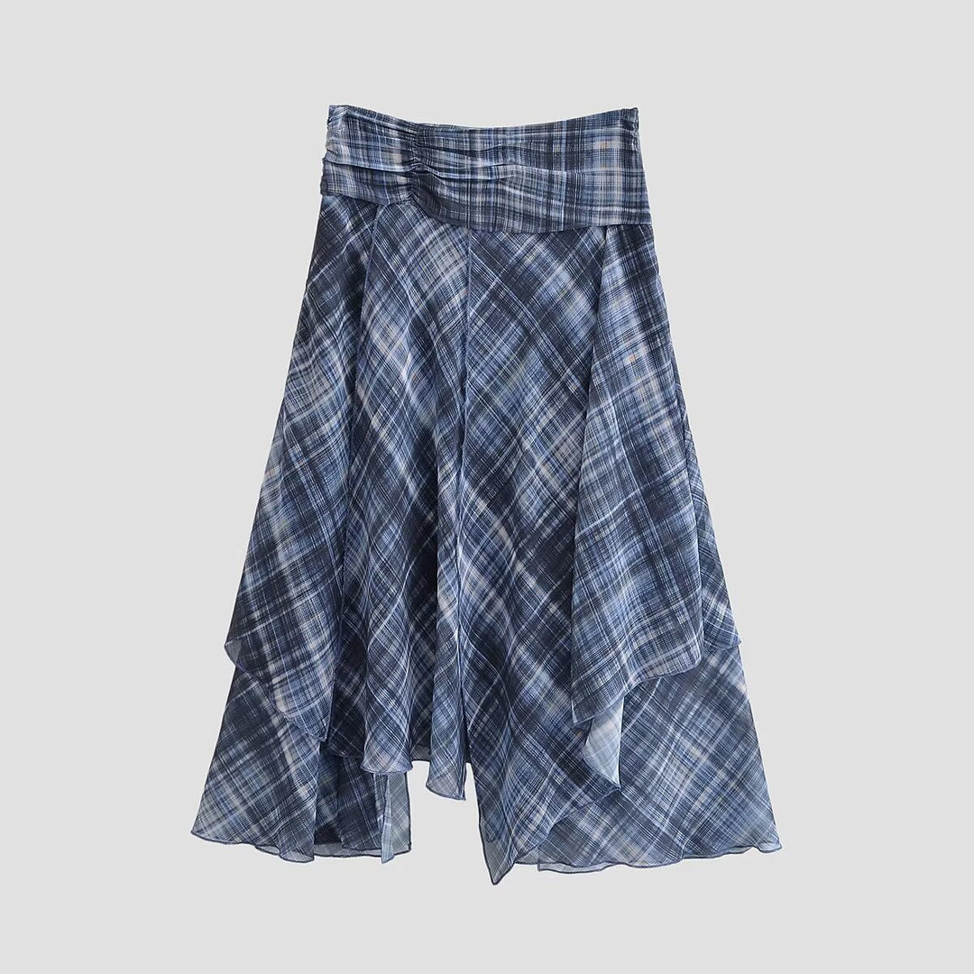 Damen Asymmetrischer Lagenrock mit hohem Falzgürtel und kariertem Chiffon Nord Taschen