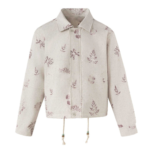 Damen Kurzer floraler Leinenblouson mit Kordelzug, verdeckter Knopfleiste und Hemdkragen Nord Taschen