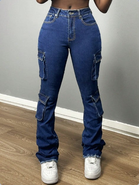 Damen Hochtaillierte Cargo-Jeans mit Mehrfach-Pattentaschen & ausgestelltem Saum Nord Taschen