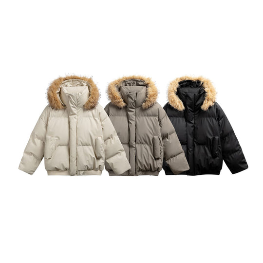 Damen Wattierte Kurzsteppjacke mit Kunstfellkapuze und geripptem Saum Nord Taschen