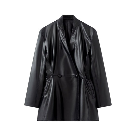 Damen Langer veganer Lederblazer mit Schalkragen, taillierter Doppelknopf-Optik und Eingrifftaschen Nord Taschen
