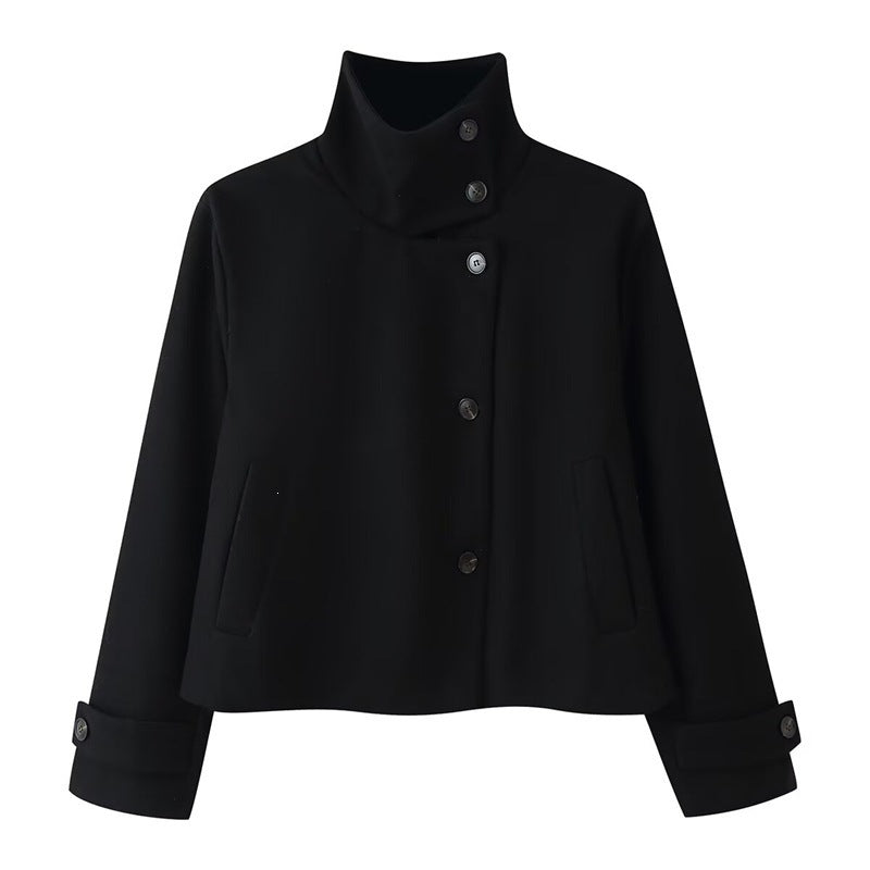 Damen kurze Boxy-Wolljacke mit Stehkragen und Manschetten Nord Taschen