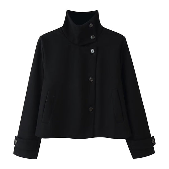 Damen kurze Boxy-Wolljacke mit Stehkragen und Manschetten Nord Taschen