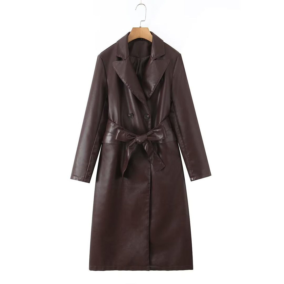 Damen Longline Imitatleder-Trenchcoat mit doppelreihiger Knopfleiste und Taillengürtel Nord Taschen
